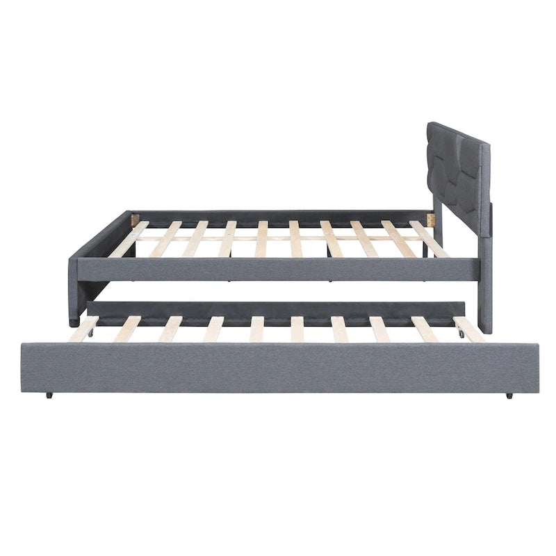 Grey Queen Size Upholstered Platform Bed with Brick Pattern Headboard and Twin Size Trundle