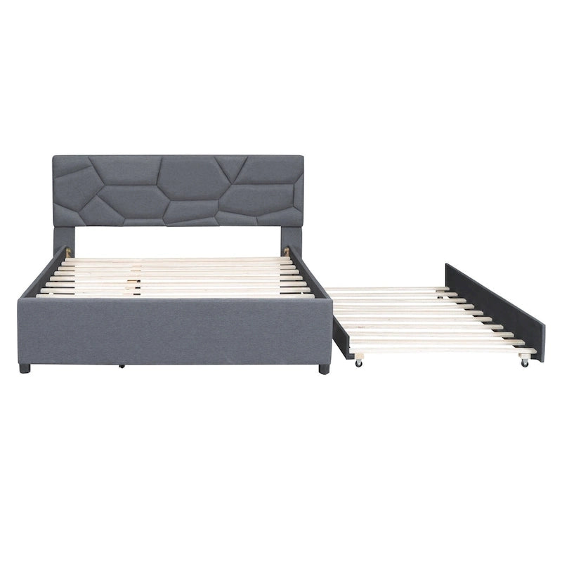 Grey Queen Size Upholstered Platform Bed with Brick Pattern Headboard and Twin Size Trundle