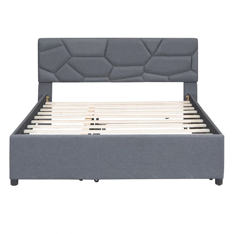 Grey Queen Size Upholstered Platform Bed with Brick Pattern Headboard and Twin Size Trundle