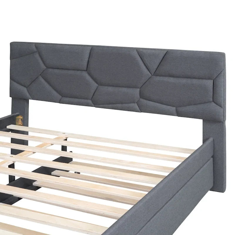 Grey Queen Size Upholstered Platform Bed with Brick Pattern Headboard and Twin Size Trundle