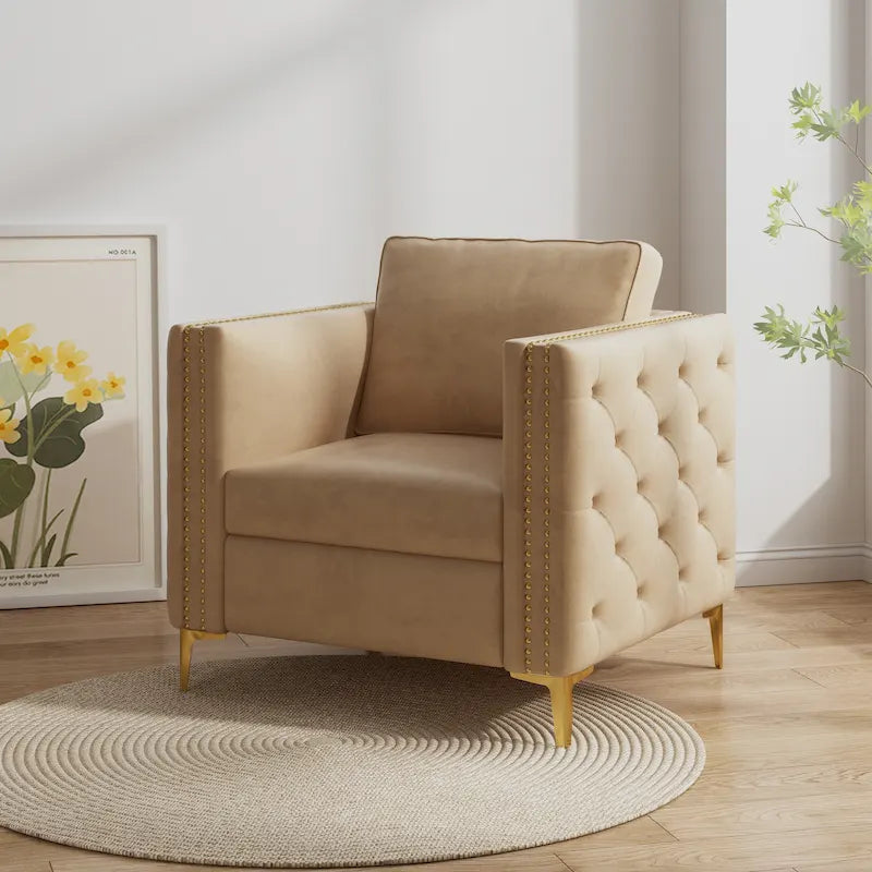Fauteuil moderne couleur kaki de 35.4 rembourré avec capitonnage boutonné, pieds en métal et clous décoratifs pour le salon