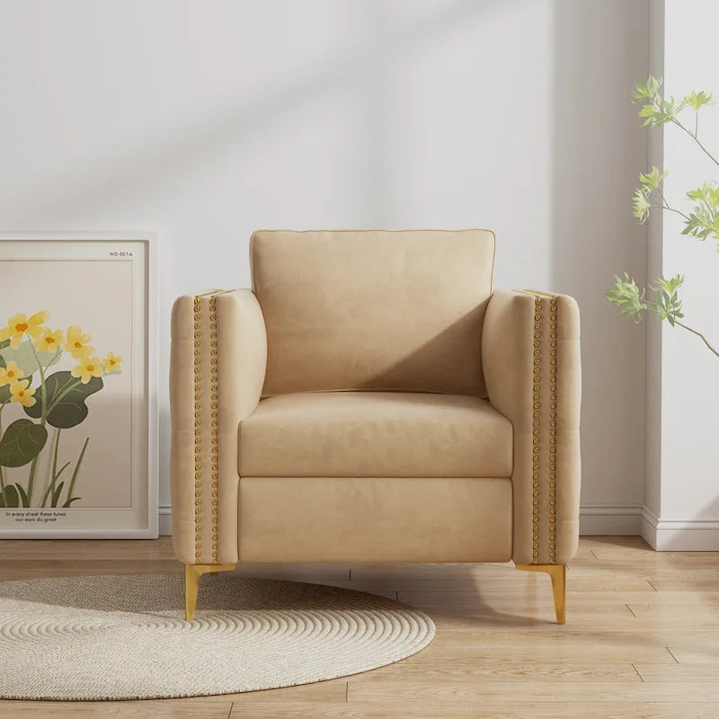 Fauteuil moderne couleur kaki de 35.4 rembourré avec capitonnage boutonné, pieds en métal et clous décoratifs pour le salon