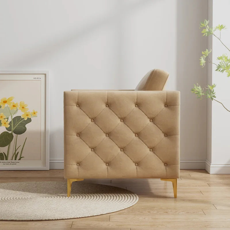Fauteuil moderne couleur kaki de 35.4 rembourré avec capitonnage boutonné, pieds en métal et clous décoratifs pour le salon