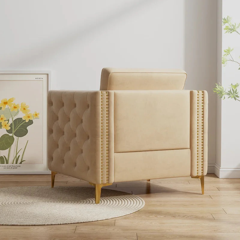 Fauteuil moderne couleur kaki de 35.4 rembourré avec capitonnage boutonné, pieds en métal et clous décoratifs pour le salon