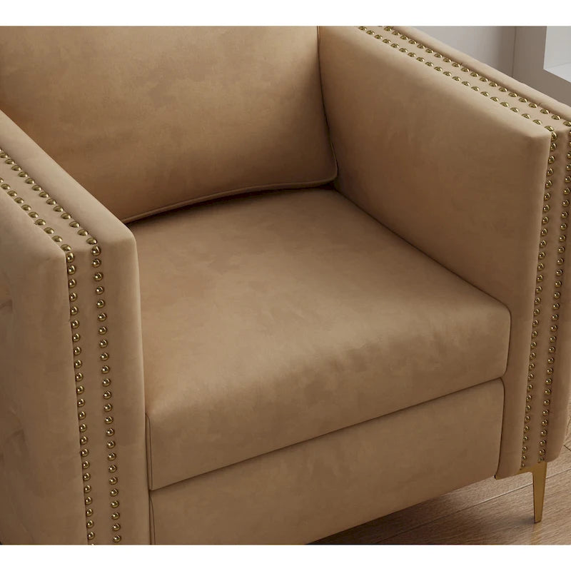 Fauteuil moderne couleur kaki de 35.4 rembourré avec capitonnage boutonné, pieds en métal et clous décoratifs pour le salon