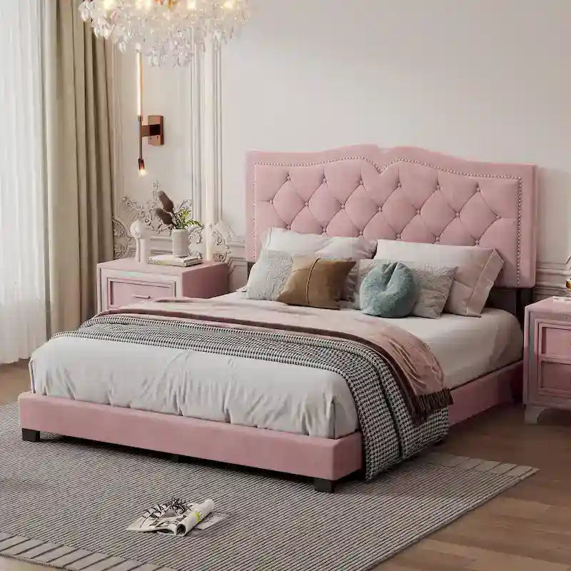 Lit plateforme moderne queen-size en velours rembourré avec tête de lit capitonnée