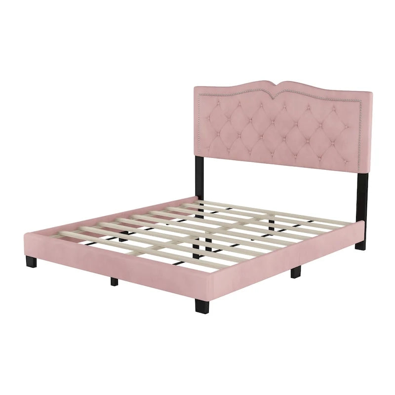 Lit plateforme moderne queen-size en velours rembourré avec tête de lit capitonnée