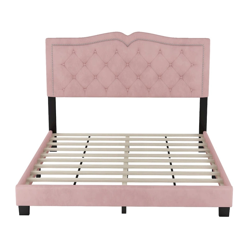 Lit plateforme moderne queen-size en velours rembourré avec tête de lit capitonnée