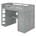 Gray Twin Size Solid Wood Loft Bed with Desk, Wardrobes, and Shelves
