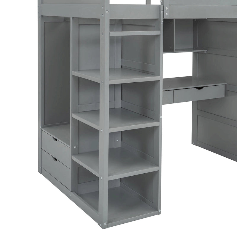Gray Twin Size Solid Wood Loft Bed with Desk, Wardrobes, and Shelves