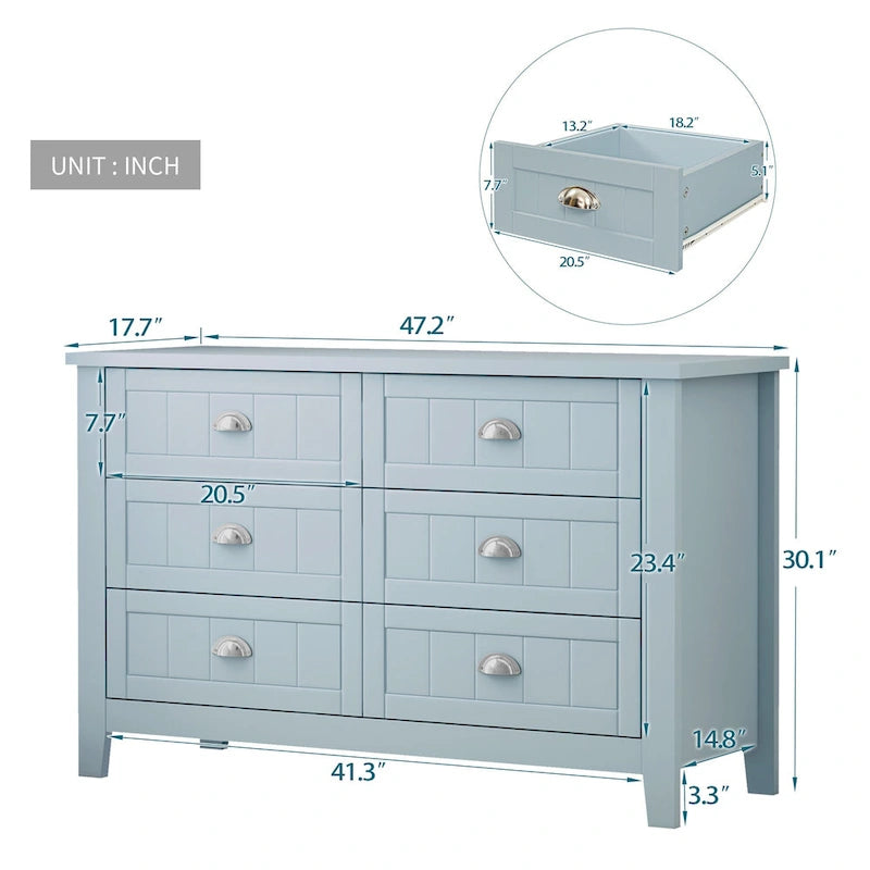 Antique Style 6-Drawer Double Dresser with Retro Shell Handle for Bedroom, Living Room
