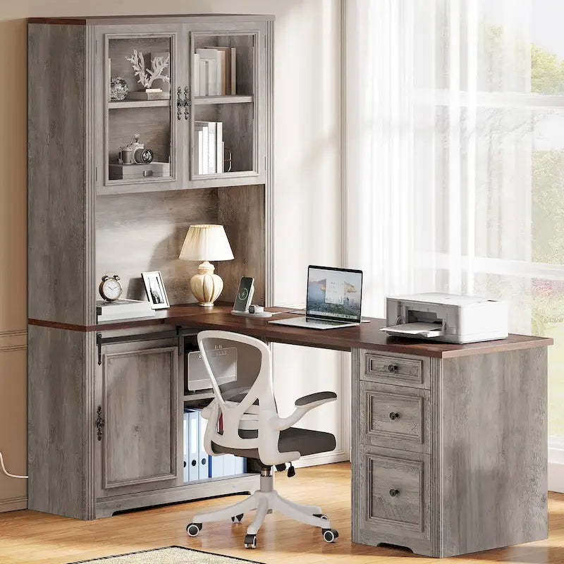Farmhouse Office Desk Corner Computer Desk with Hutch and Drawers