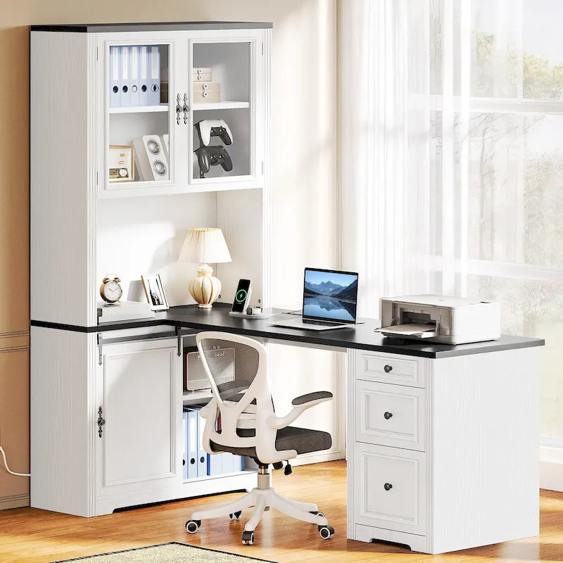 Büroschreibtisch im Landhausstil, Eckschreibtisch mit Aufsatz und Schubladen