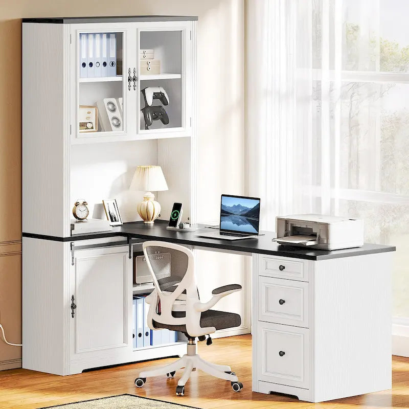 Moasis Farmhouse Office Desk Corner Computer Desk with Hutch and Drawers