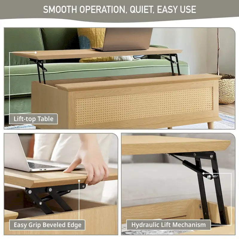 Rattan Lift-Top Coffee Table with Storage - 42 x 17