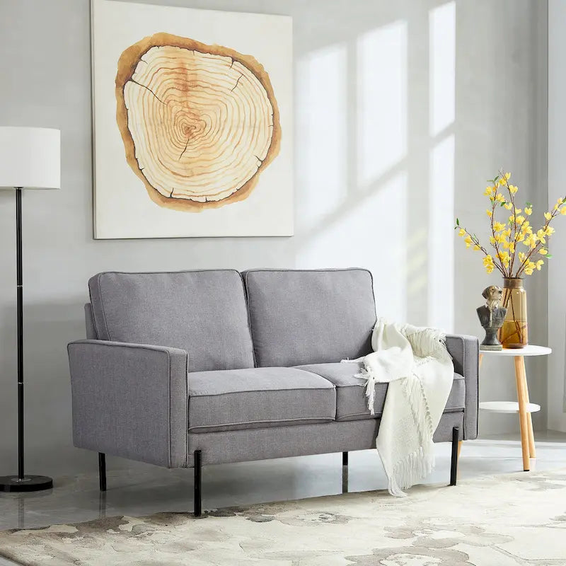 Snowhill 57W Modern Linen Loveseat, 2-Seater, Matte Black Metal Legs