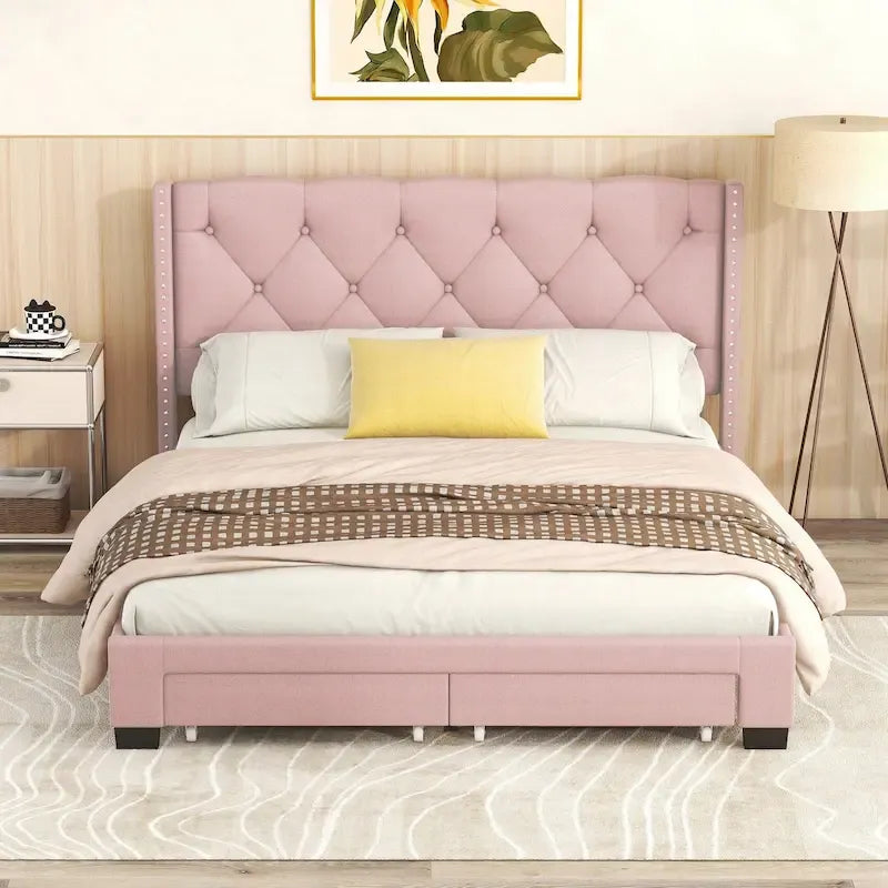 Lit plateforme queen-size en lin avec 2 tiroirs
