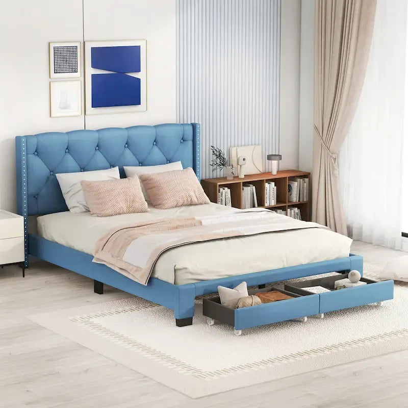 Lit plateforme queen-size en lin avec 2 tiroirs