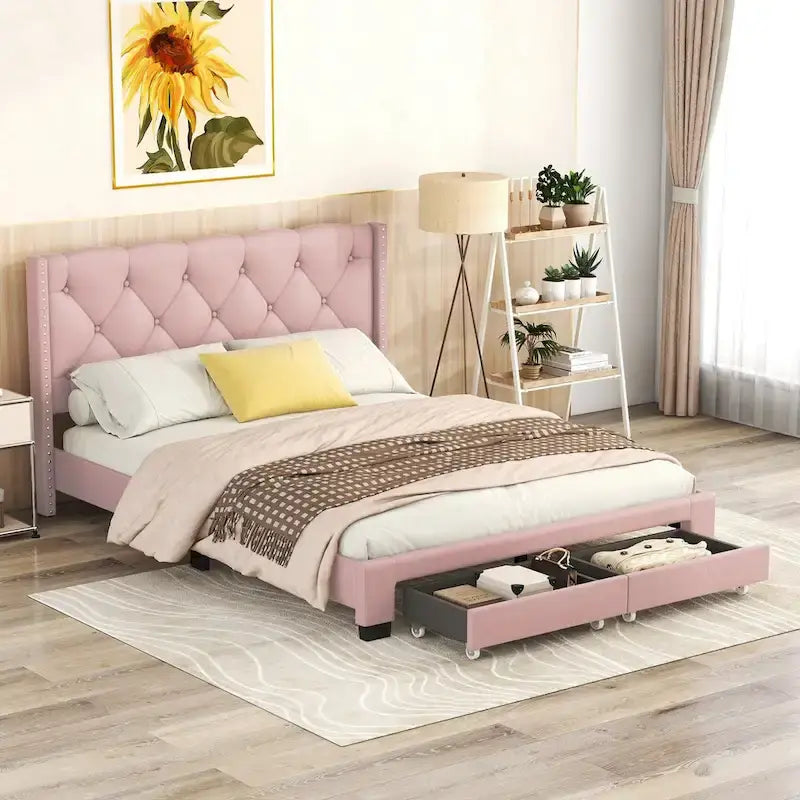 Lit plateforme queen-size en lin avec 2 tiroirs