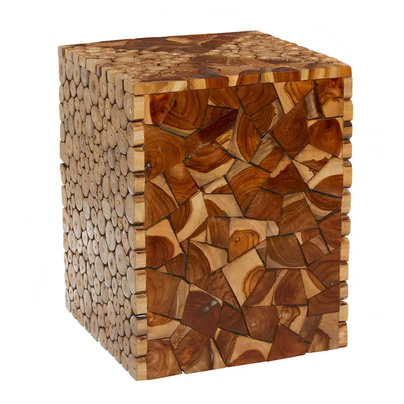 Teak Wood Handmade Square Block Accent Table with Mosaic Wood Chip Design - Brown - Roche River Decor - 14Wx14Lx18H