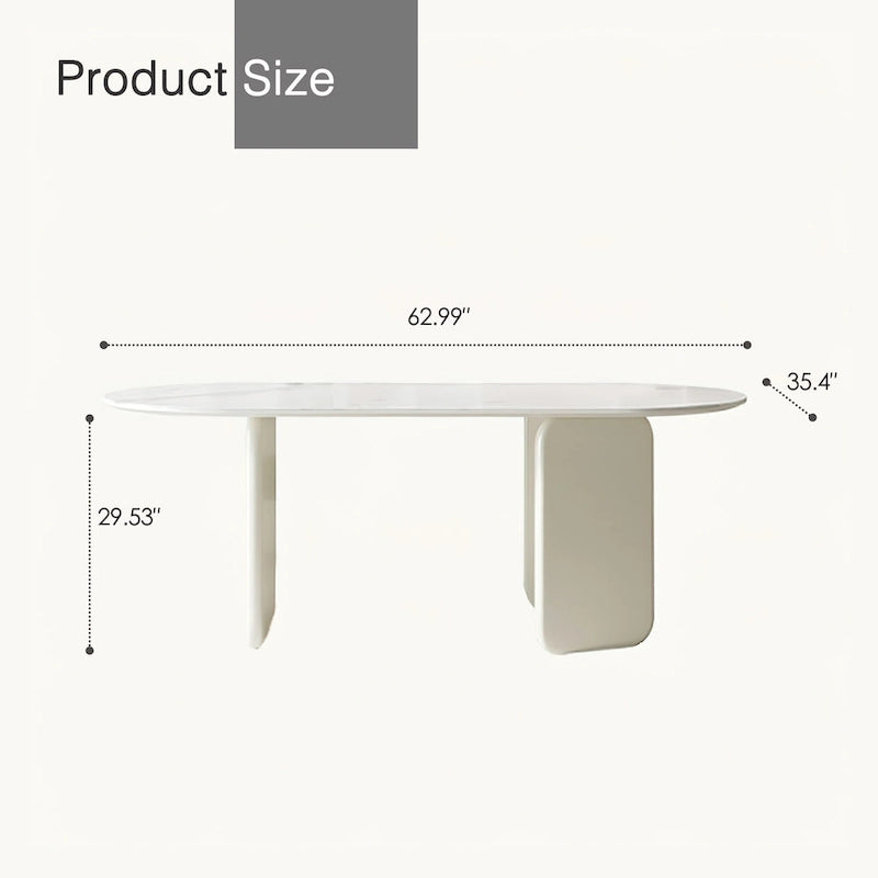 Table à manger ovale moderne couleur crème imitation marbre avec piètement unique à 3 pieds