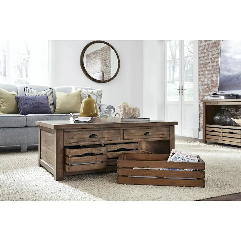 Table basse rustique couleur noix de muscade chaleureuse à plateau relevable avec roulettes