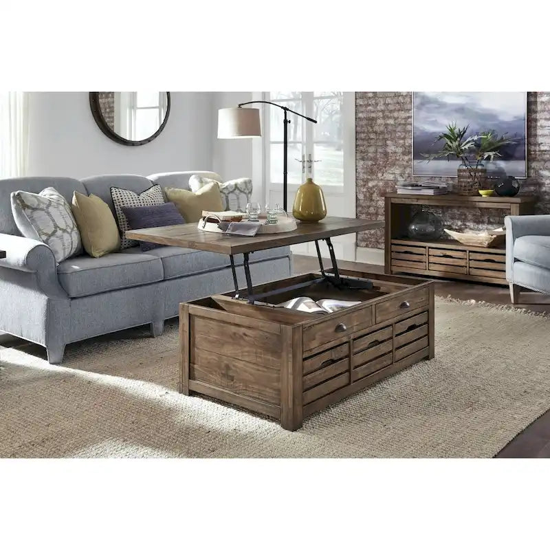 Table basse rustique couleur noix de muscade chaleureuse à plateau relevable avec roulettes