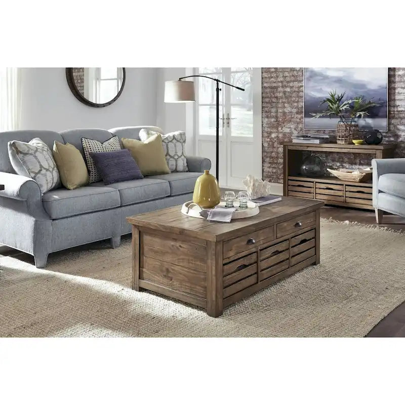 Table basse rustique couleur noix de muscade chaleureuse à plateau relevable avec roulettes