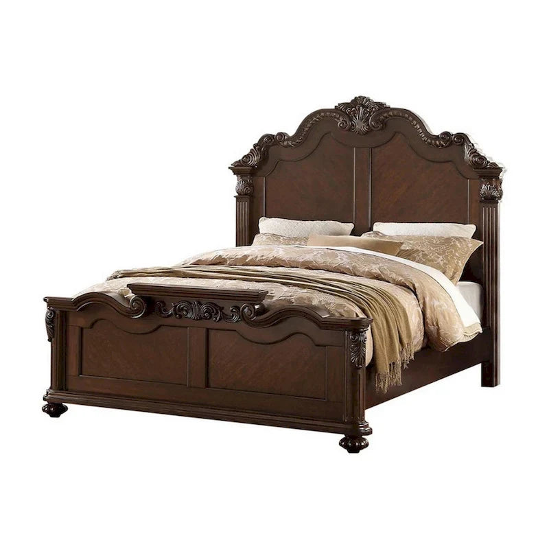 Lit queen en bois finement sculpté, finition noyer foncé et placage