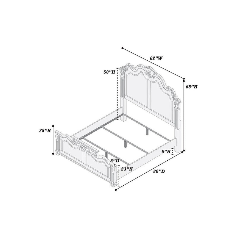Lit queen en bois finement sculpté, finition noyer foncé et placage