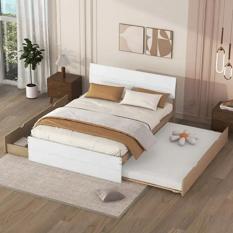 Modern Full Bed Frame With Twin Size Trundle And 2 Drawers