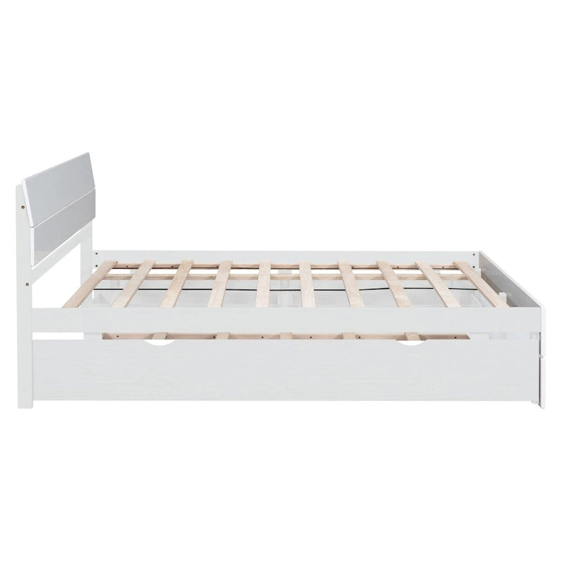 Modern Full Bed Frame With Twin Size Trundle And 2 Drawers