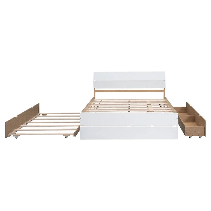 Modern Full Bed Frame With Twin Size Trundle And 2 Drawers
