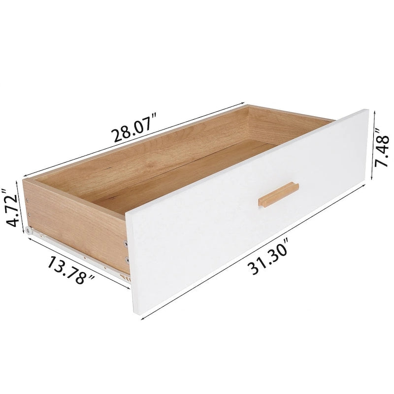 Commode à trois tiroirs, table de chevet et meuble de rangement avec pieds et poignées en bois massif