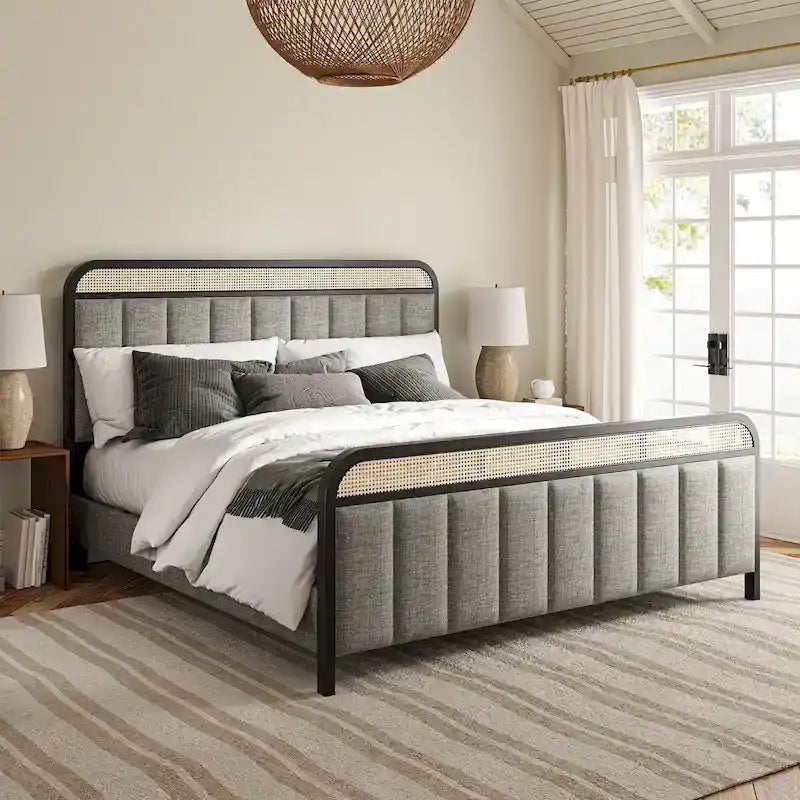 Modern Solid Wood Frame Ratten Bed with LED Headboard
