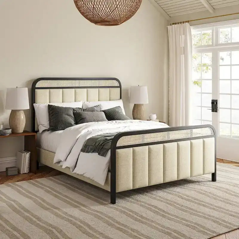 Modern Solid Wood Frame Ratten Bed with LED Headboard