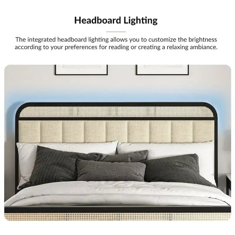 Modern Solid Wood Frame Ratten Bed with LED Headboard