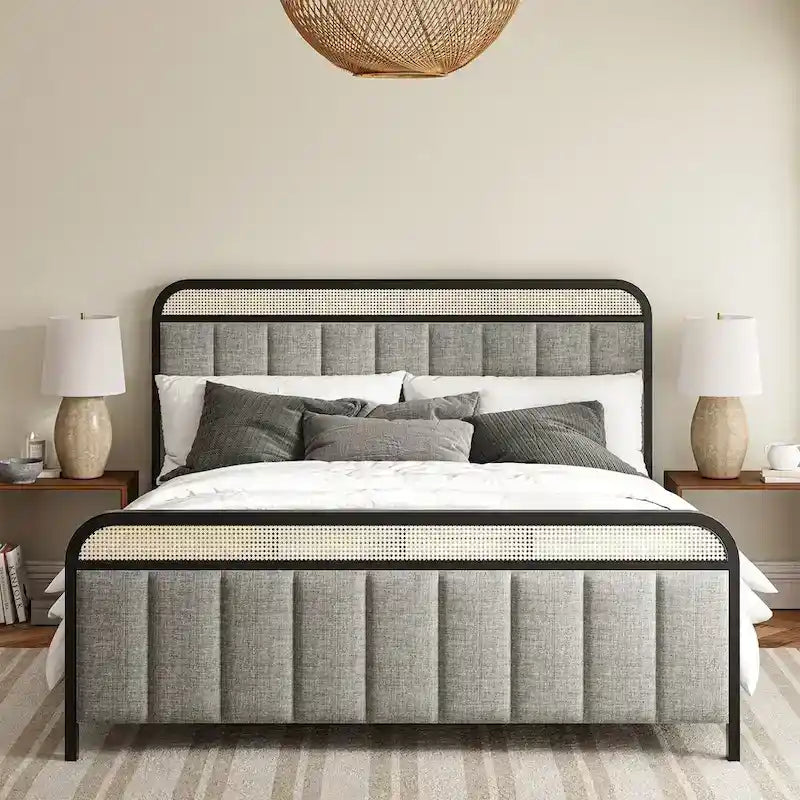 Modern Solid Wood Frame Ratten Bed with LED Headboard