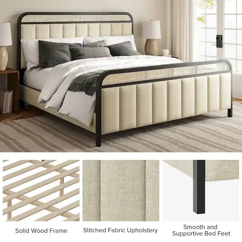 Modern Solid Wood Frame Ratten Bed with LED Headboard