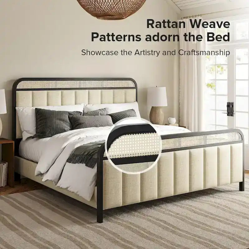 Modern Solid Wood Frame Ratten Bed with LED Headboard