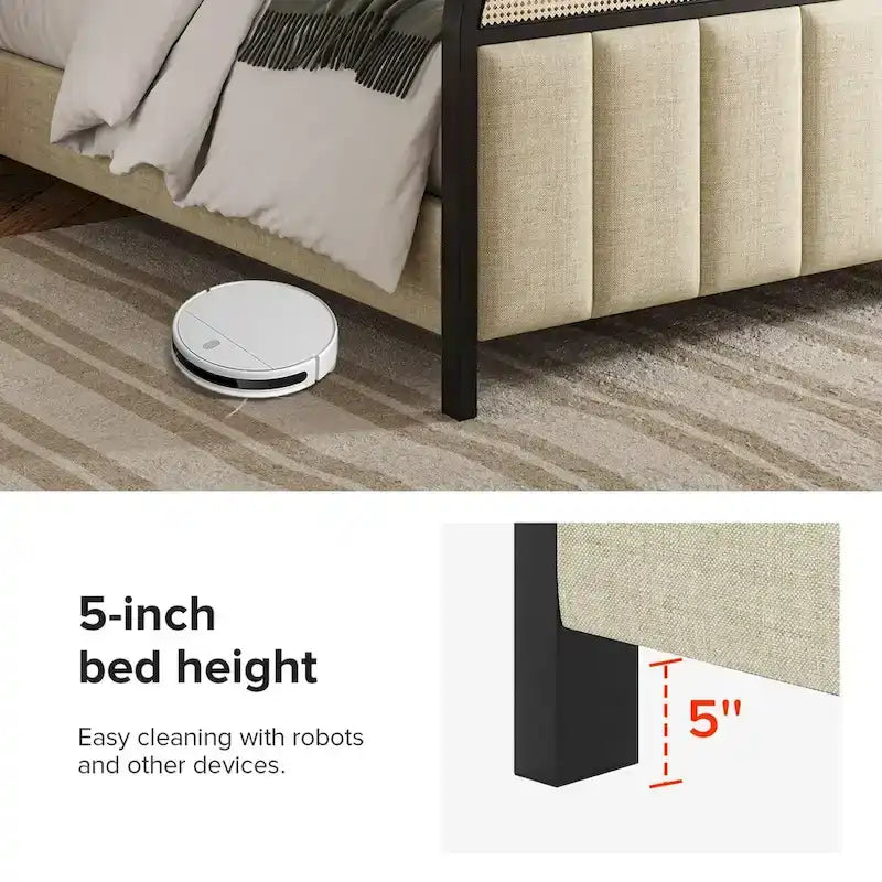 Modern Solid Wood Frame Ratten Bed with LED Headboard