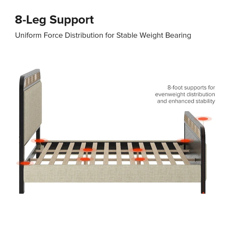 Modern Solid Wood Frame Ratten Bed with LED Headboard