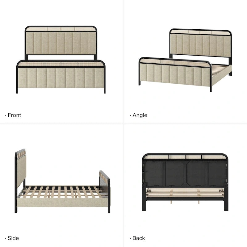 Modern Solid Wood Frame Ratten Bed with LED Headboard