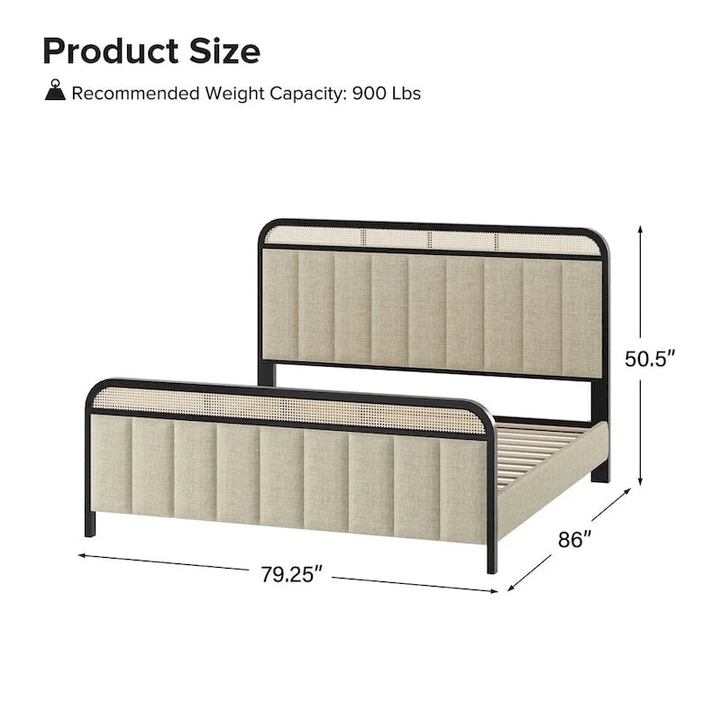 Modern Solid Wood Frame Ratten Bed with LED Headboard