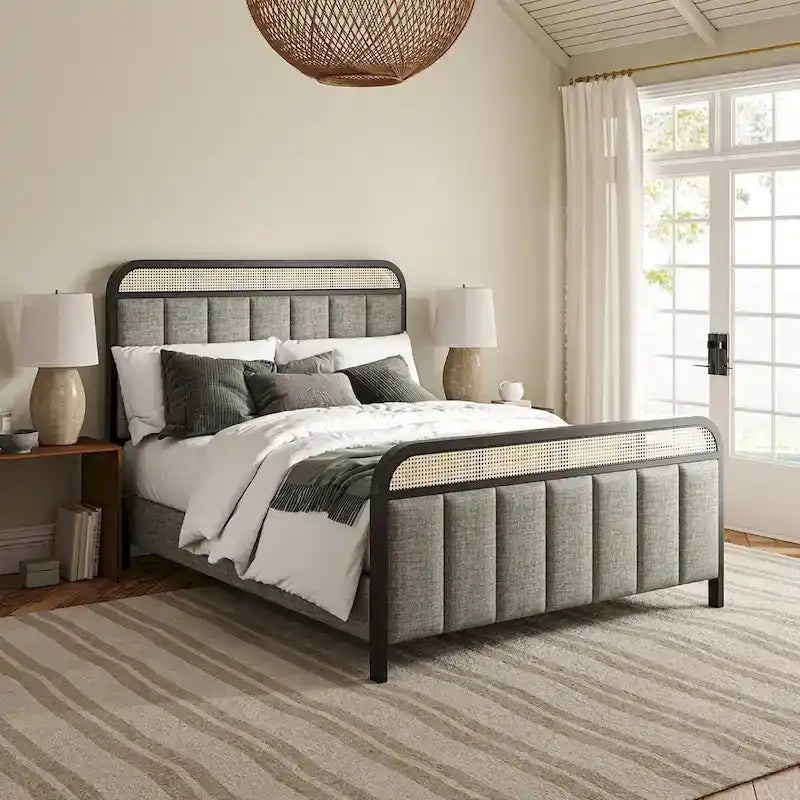 Modern Solid Wood Frame Ratten Bed with LED Headboard