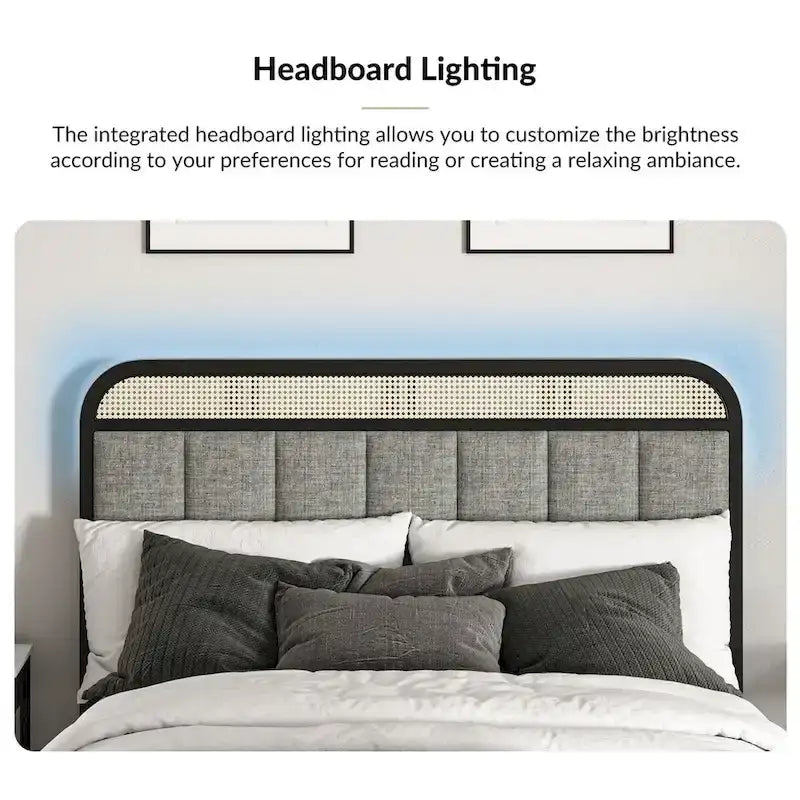 Modern Solid Wood Frame Ratten Bed with LED Headboard