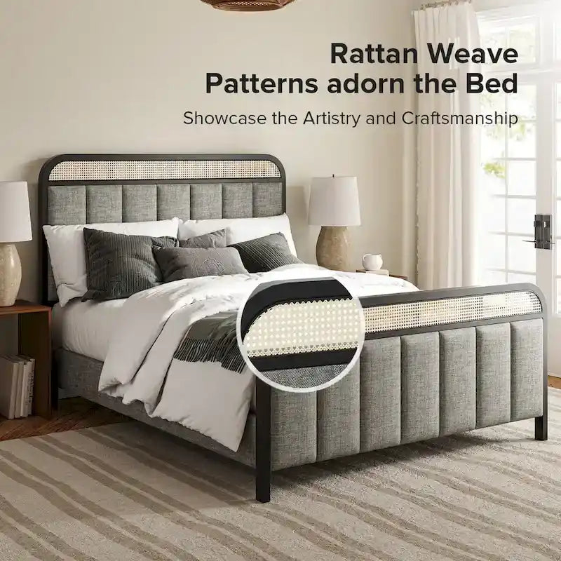 Modern Solid Wood Frame Ratten Bed with LED Headboard