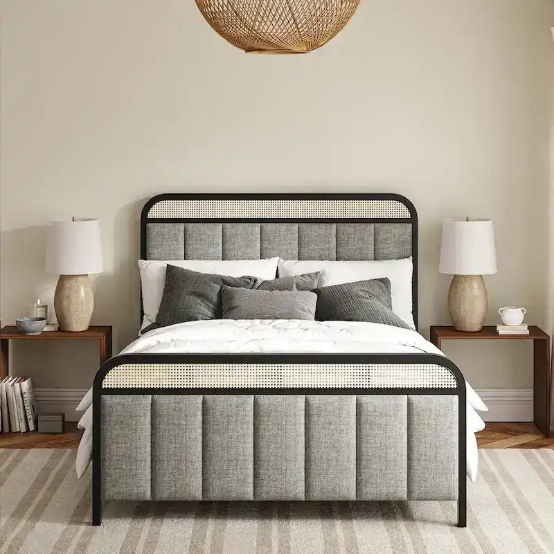Modern Solid Wood Frame Ratten Bed with LED Headboard