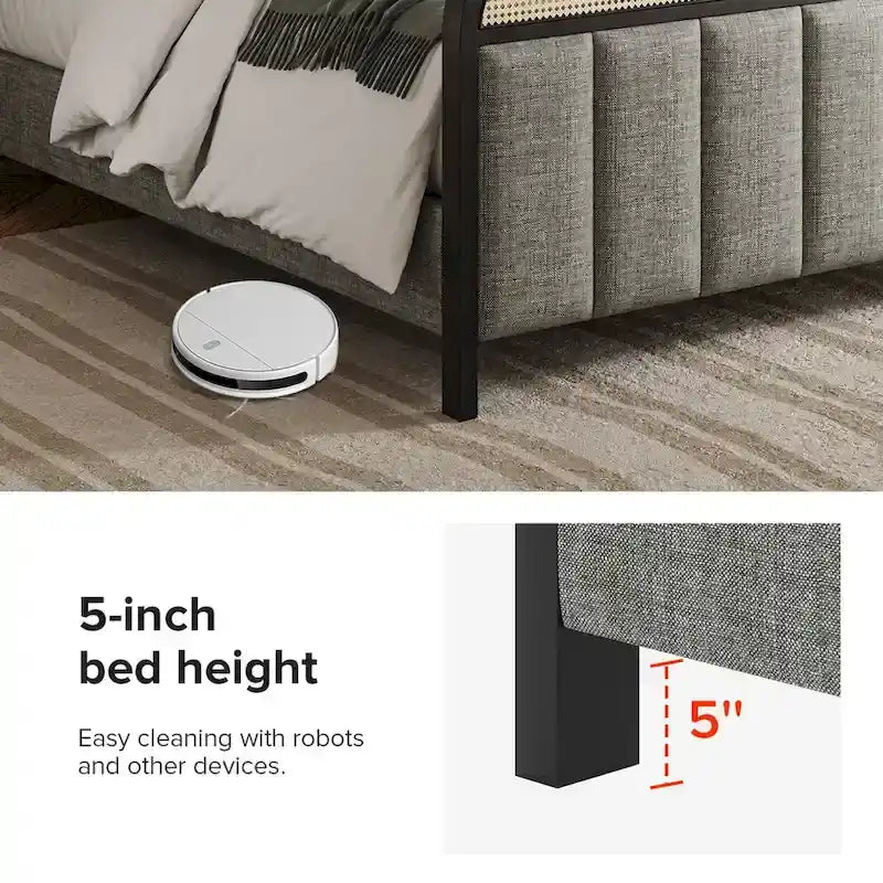 Modern Solid Wood Frame Ratten Bed with LED Headboard