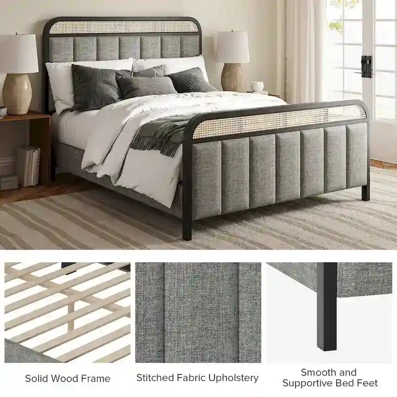 Modern Solid Wood Frame Ratten Bed with LED Headboard